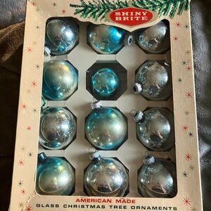 Vintage Shiny Brite Christmas Ornaments Balls Round Blue/Teal 1 bulb is smaller